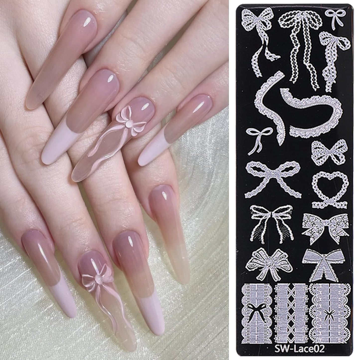 Lace Nail Stamping Plate Set - French Tip Stamp Silicone Nail Stamper Kit Bow Lace Design with Nail Stamp Plates Laser Storage Bag Nail Art Stencil Nail Supplies for Home DIY &Professional Salon