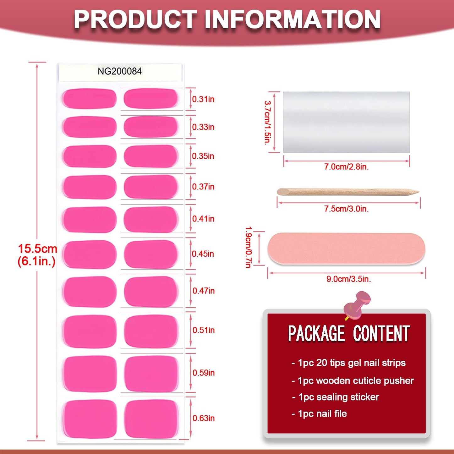 WOKOTO 20 Pcs Hotpink Semi Cured Gel Nail Strips With Nail File & Wooden Stick Nail Polish Strips Gel Nail Stickers Full Nail Wraps For Women Girls Stick On Real Nail Polish Stickers For Nails