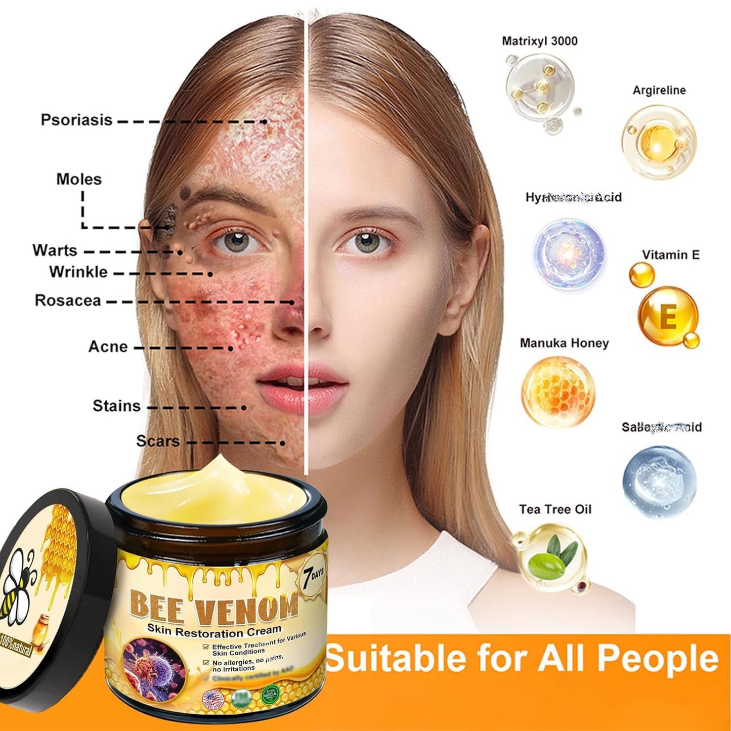 Bee Venom Skin Restoration Cream,Natural Bee Venom Comprehensive Cream,Effectively Firms skin and Reduces Imperfections Anti-Wrinkle Moisturizing for All skin Typess (2PCS)