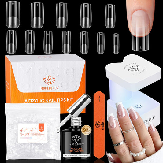 modelones Medium Square Gel Nail Tips Kit, 9-in-One Nail Glue with Portable U V Lamp 216Pcs 12Sizes Pre-Etched Press ons Fake Acrylic Extension Kit DIY Salon Gift for Women