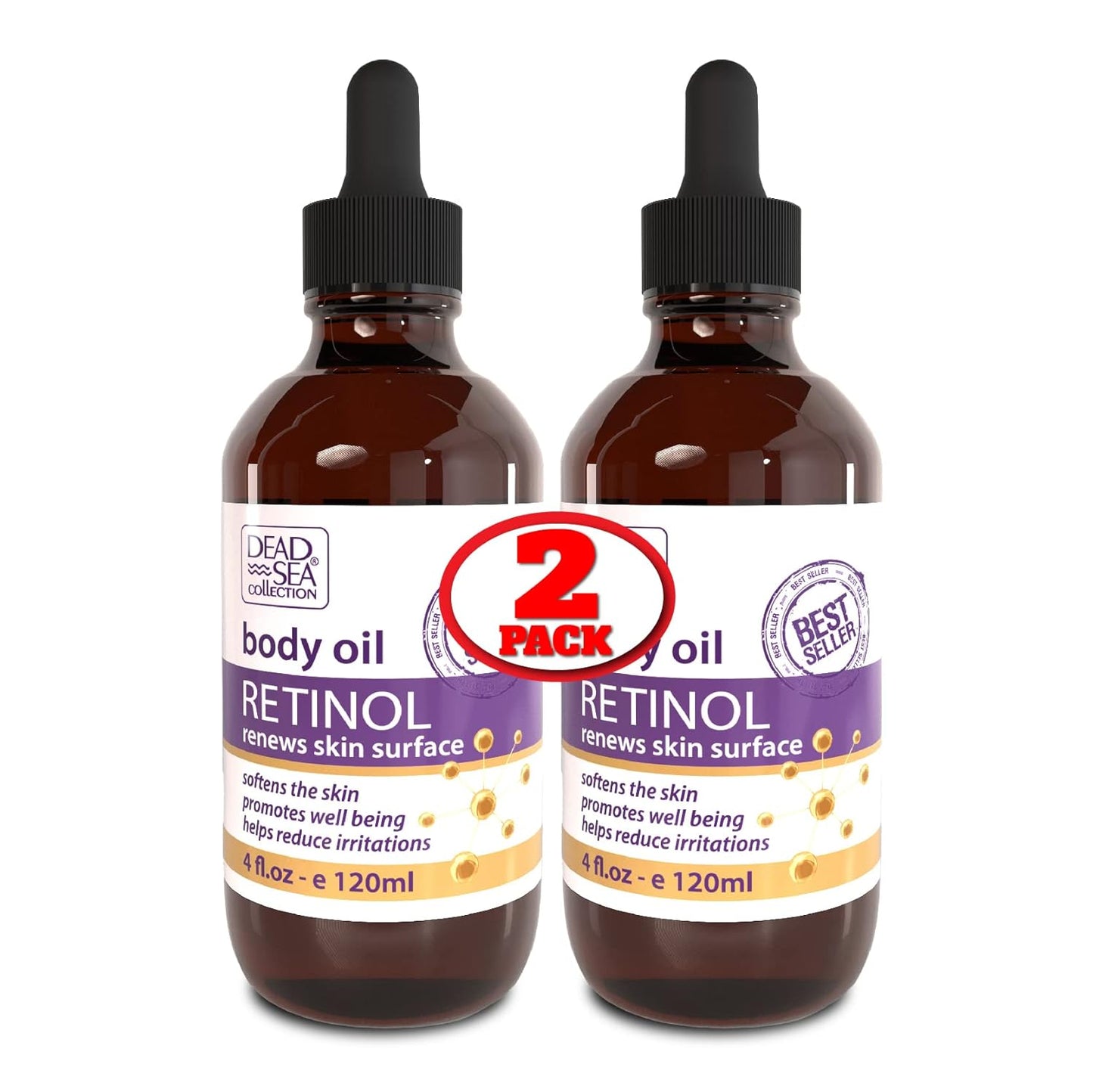 Dead Sea Collection Body Oil for Dry Skin - Retinol & Vitamin E, A Moisturizing Oil for Face, Anti-Aging - Skin Elasticity Support, Renews Skin Surface & Softens Pack of 2 (4 Fl. Oz Each)