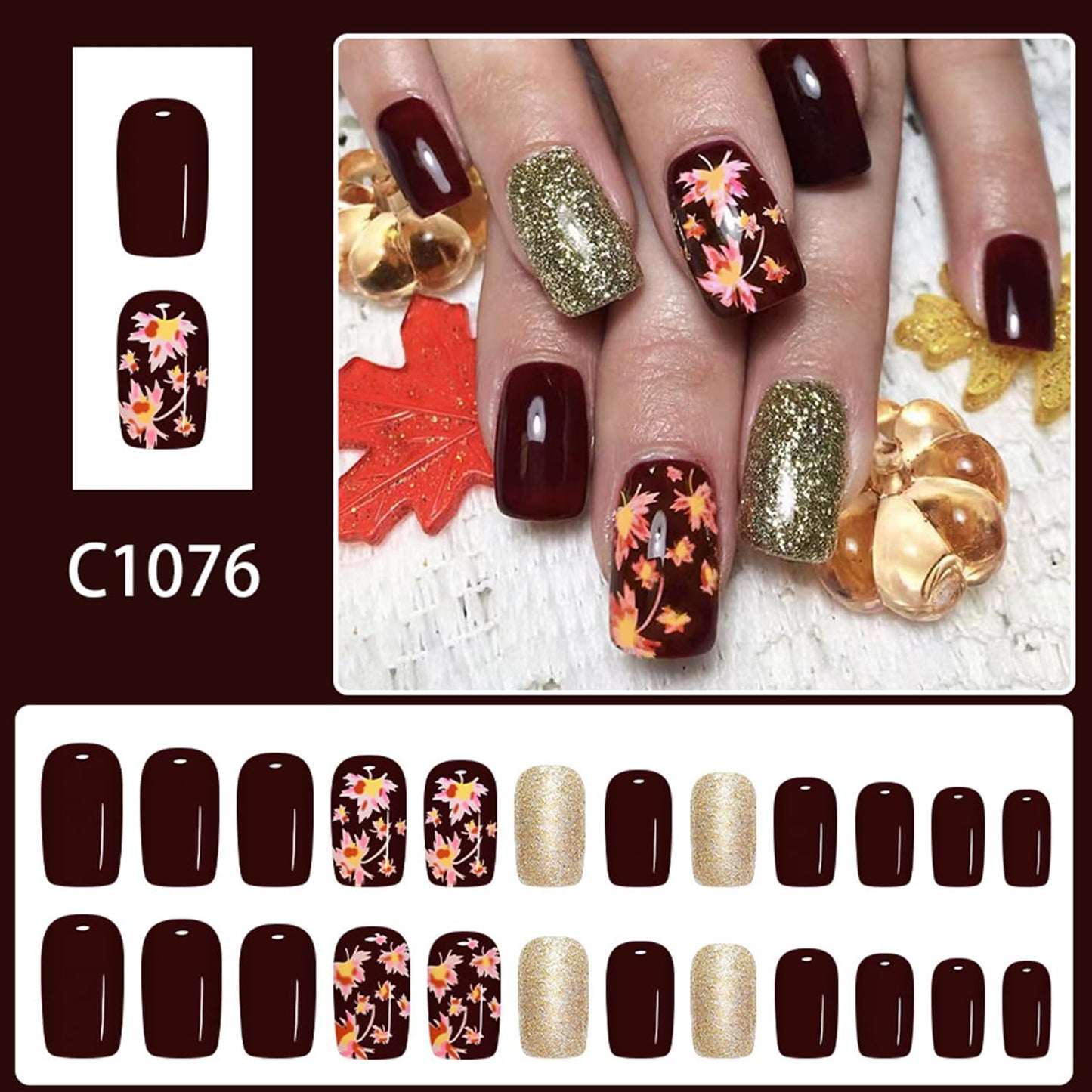Wine Red Fall Press on Nails Medium Square Thanksgiving Maple Leaf Fake Nails Glossy Maple Leaves Glue on Nail Autumn Gold Glitter Acrylic Stick on Nail for Women DIY Manicure