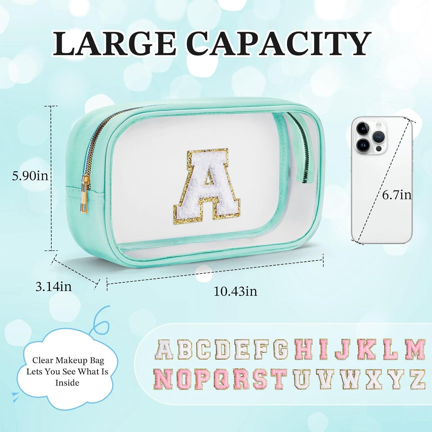 YOOLIFE Initial Make Up Bag Travel Toiletry Bag, Clear Makeup Bag Preppy Cosmetic Bags Organizer Travel Essentials Gifts for Women Teen Girlfriend Teacher Mom Brithday Mothers Day Gifts, Large, Blue