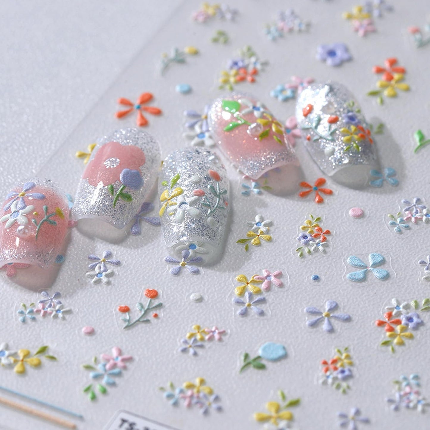 5D Embossed Flower Nail Stickers for Nail Art Summer Floral Leaf Nail Art Stickers Self-Adhesive Cute Nail Decals Supplies Design Sticker(1, Colorful Flower)