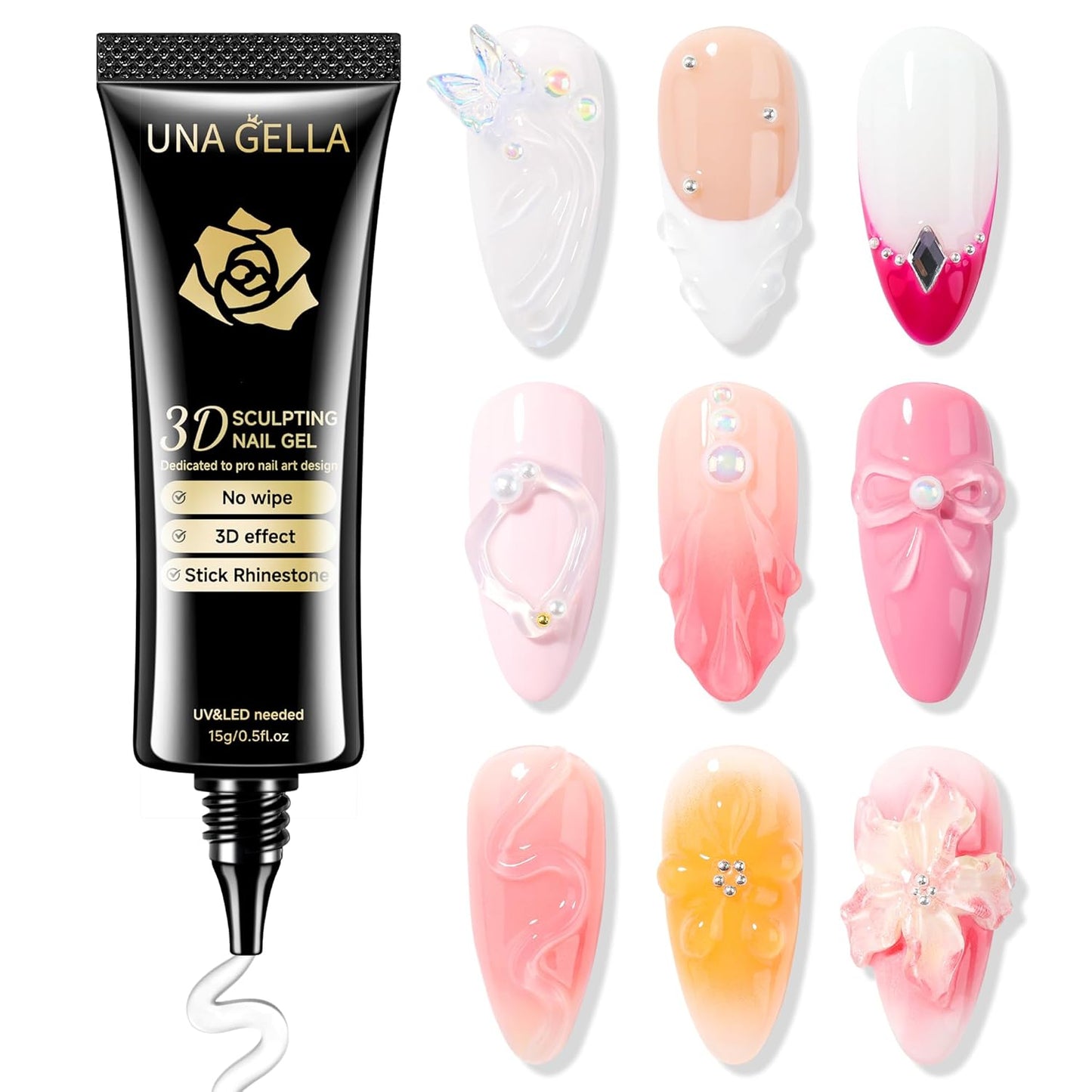 UNA GELLA 3D Gel Nail Art, 3D Nail Gel Sculpting G el Glue 15g 4 in 1 No Wipe Clear Nail Polish for Nails Tips, Chrome Powder, Nail Charms Gems, Drawing, Molding and DIY Nail Art Lamp Curing Needed