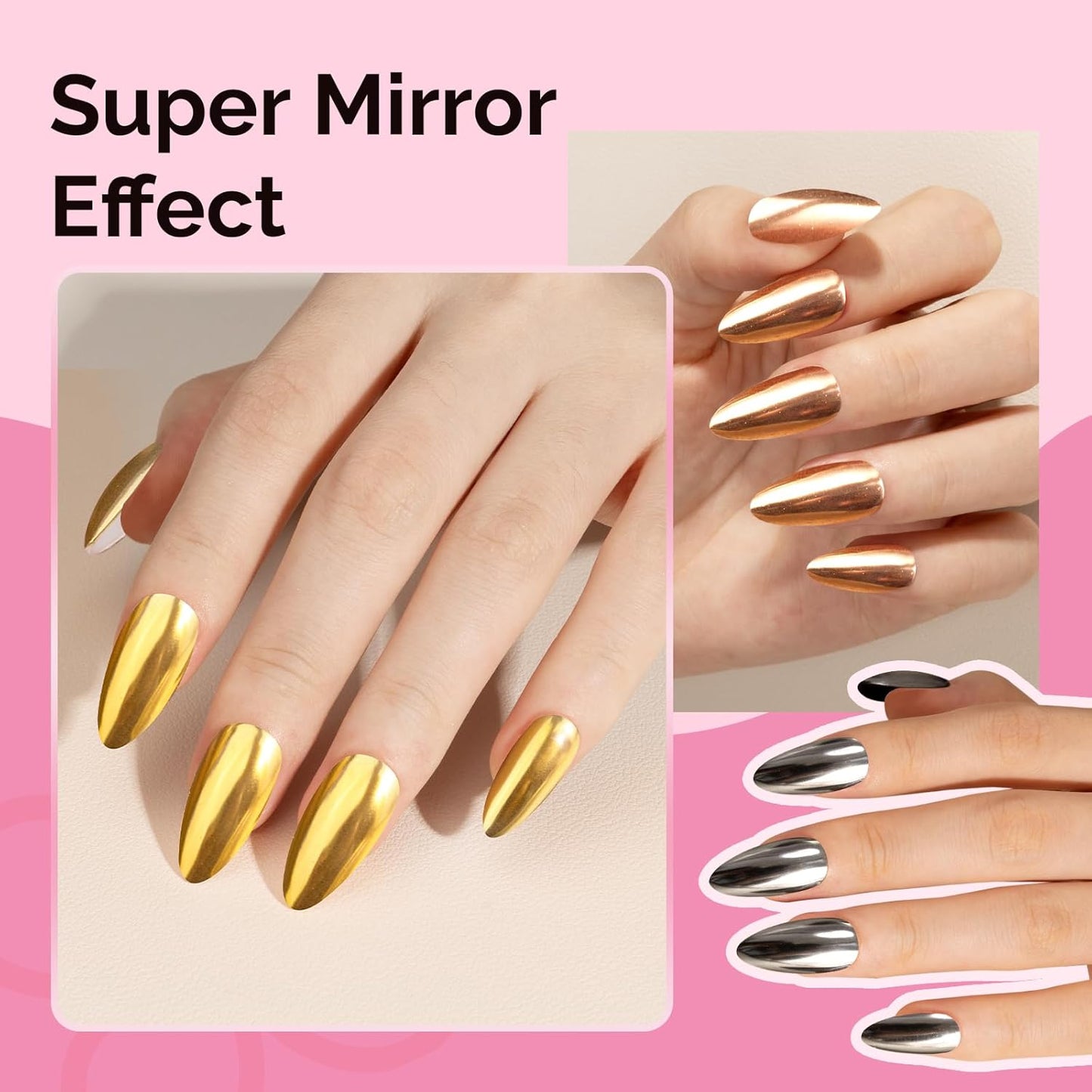 MelodySusie 4Pcs Chrome Nail Powder for Gel Nails,Metallic Mirror Effect Pigment Stylish and Technological Fine Glitter for Home DIY Salon Use