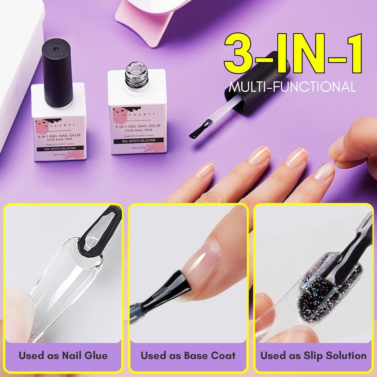 Makartt Gel Nail Glue: 3 in 1 Nail Glue Acrylic Nails Extension Super Strong Adhesive Bond Long Lasting Brush on Glues for Tips, Base Coat & Slip Solution, & Stick Rhinestone, Curing Needed, 2pcs 15ml