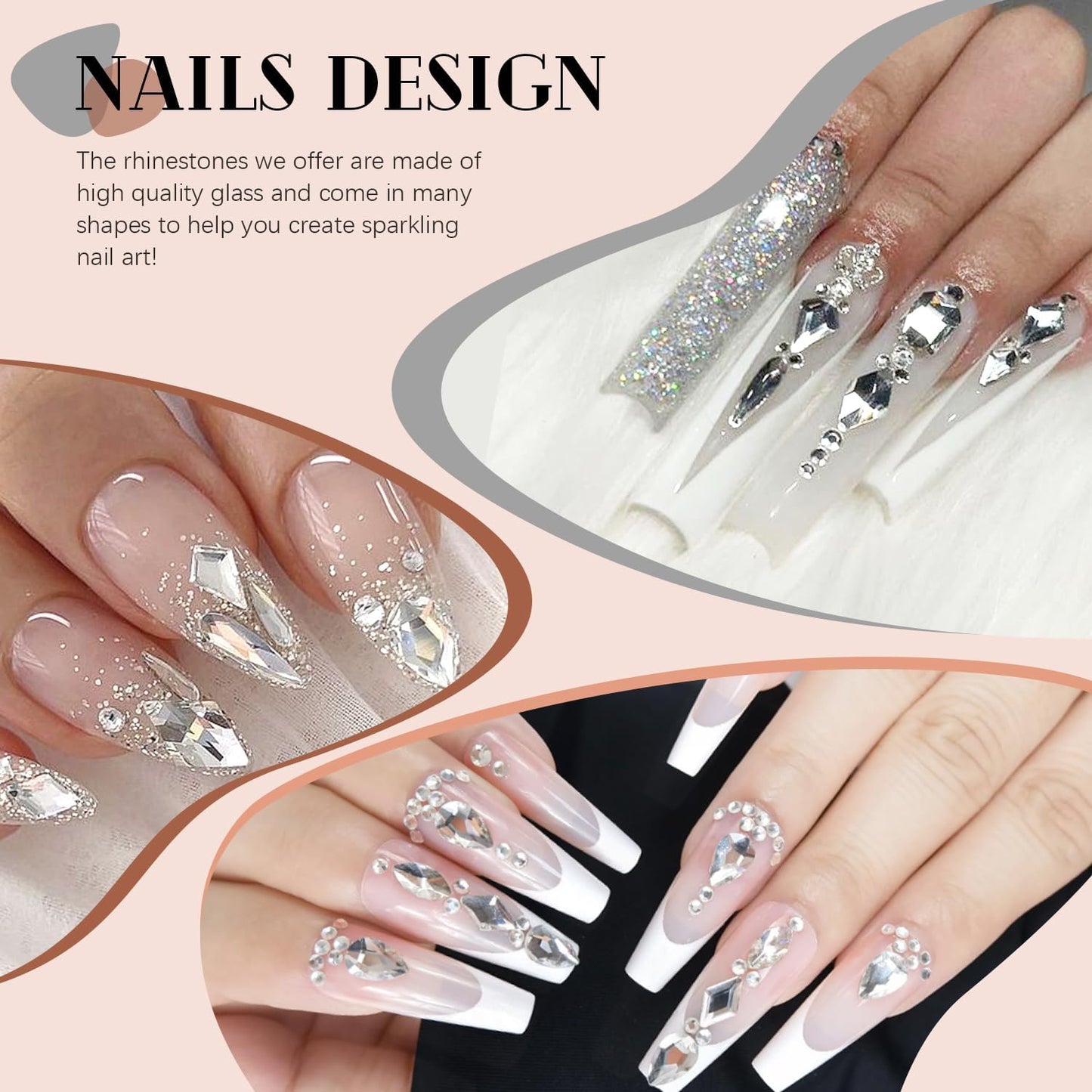 2060Pcs Silver Clear Nail Rhinestones 60Pcs Multi Shapes Glass Flatback Nail Gems + 2000Pcs 1.5-4mm Round Crystal, Manicure Nail Charms Diamond Gemstones for Acrylic Nails Decoration