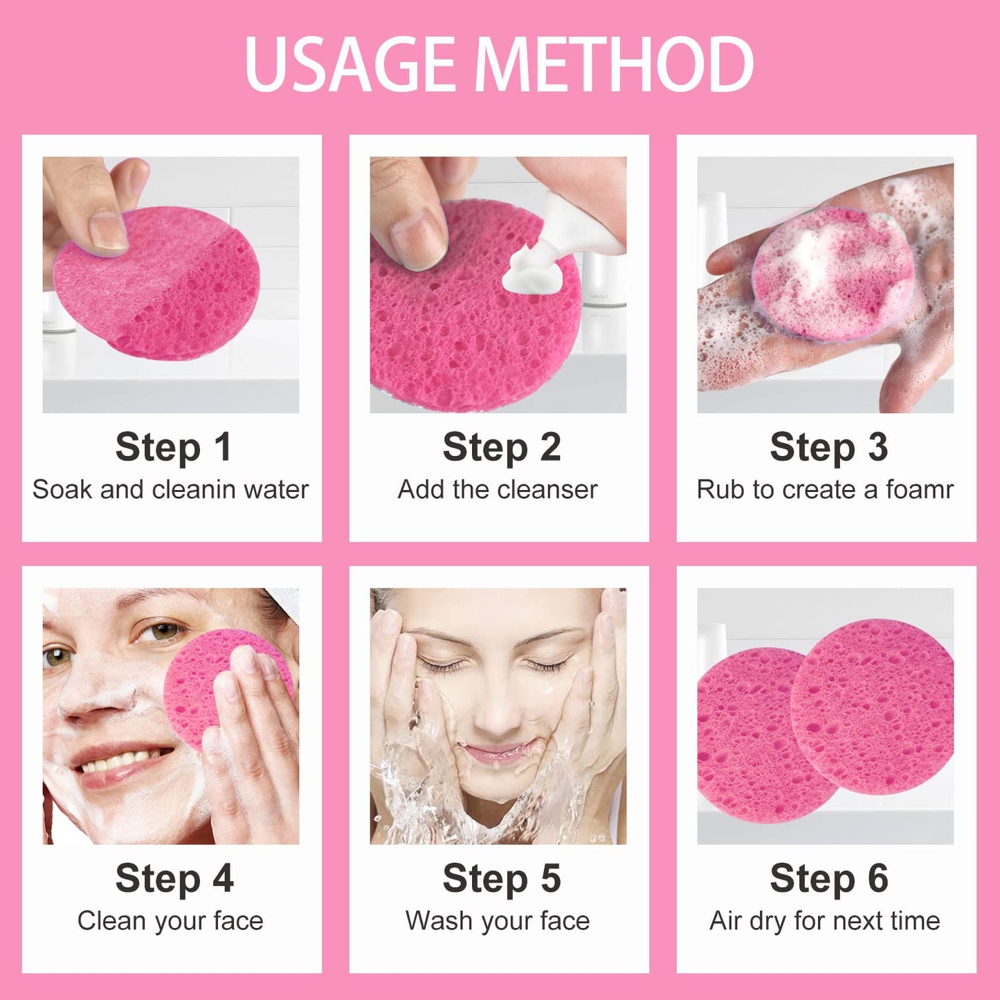50-Count Facial Sponges, Compressed Natural Cellulose, Pink, Round Shape, Face Cleansing, Exfoliating, Makeup Removal