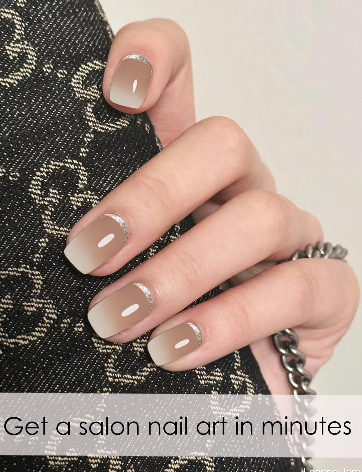 Semi Cured Gel Nail Strips, 20pcs Brown Ombre, Glitter Gel Nail Stickers UV for Home Nails DIY