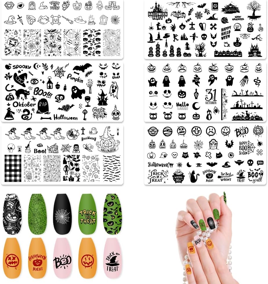 ALIBBON 6 Pcs Halloween Nail Stamping Plates Set, Spider Web Pumpkin Background Nail Art Stamp Templates, Bat Ghost Stamp Templates Kit, Castle Grave Metal Nail Plates for DIY Printing Decor