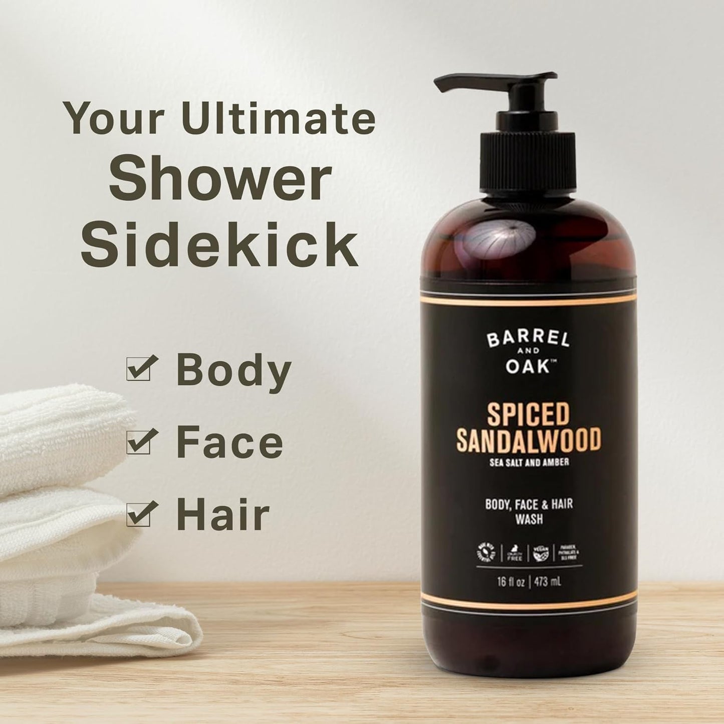 Barrel and Oak - All-In-One Body Wash, Men's Face, Hair, & Body Wash, Natural Exfoliator & Moisturizer, Hydrates Hair & Beard, Fragrant Amber Scent, Certified Organic (Spiced Sandalwood, 16oz)