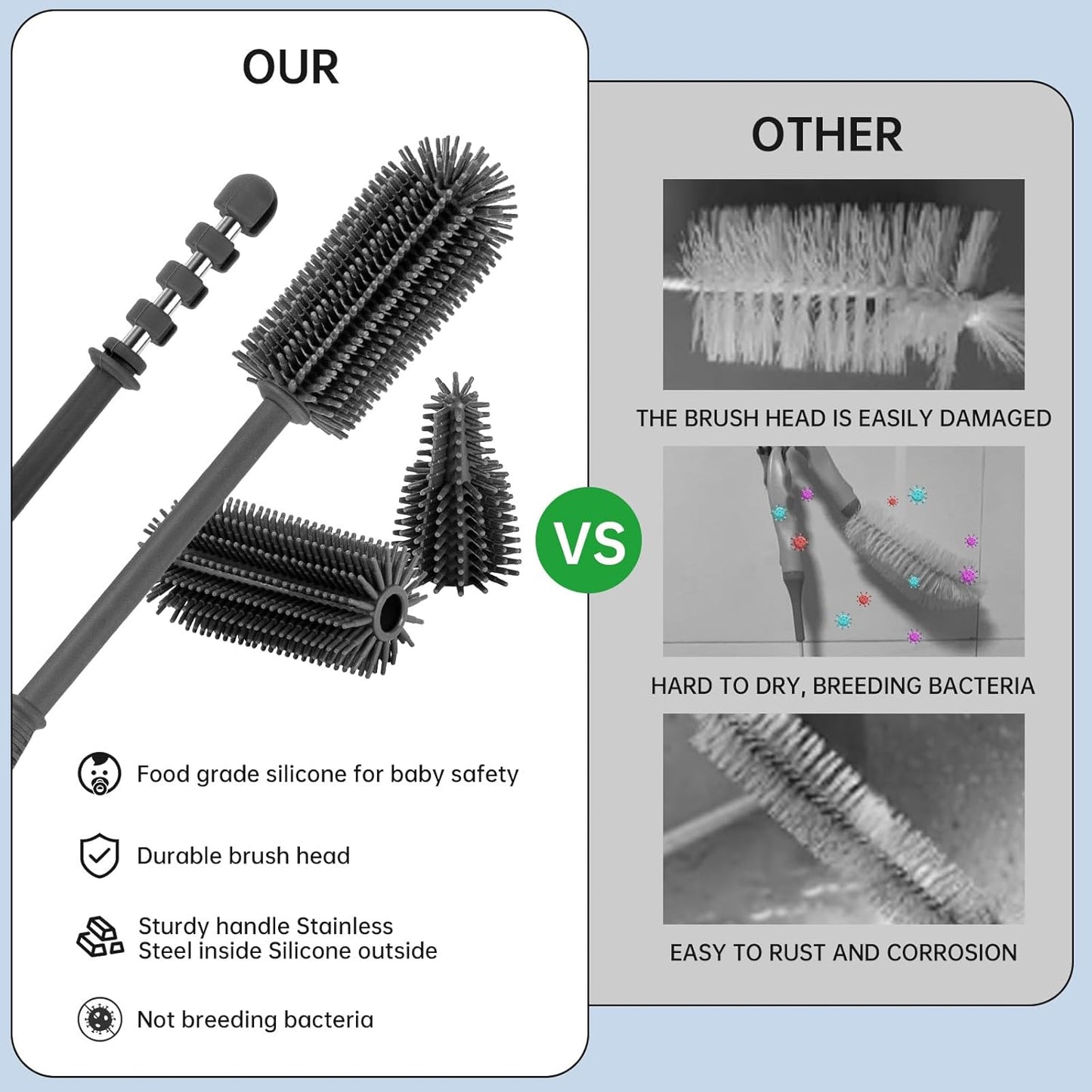 Baby Bottle Brush and Straw Cleaner Brush Set, Extra Long Double-Ended Soft Silicone Brush Cleaner for Baby Bottles, Water Bottles, Cups, Breast Pumps, Detachable & Hangable