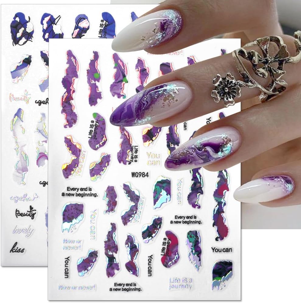 6 Color Marble Nail Art Stickers - Women's 3D Bronzing Silver & Watercolor Blooming Decals - Self Adhesive Foil Nail Designs