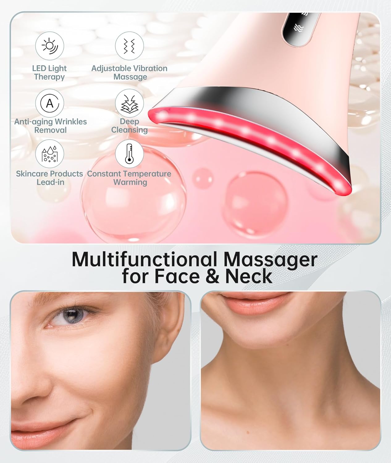 7 Color Light Therapy Facial Massager with Adjustable Vibration and Thermals for Wrinkles, Double Chin, Red Light Skin Care Tool with Base, Pink