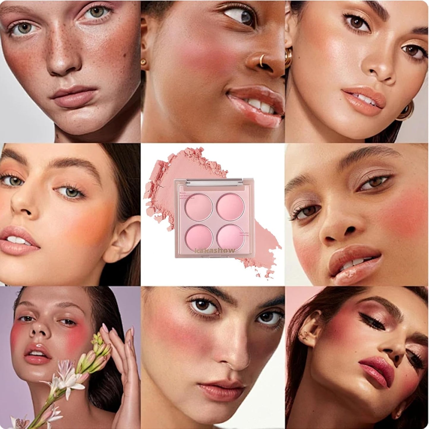 Matte Blush Powder Palette, Blending Mood Cheek, 4 Blendable Shades Korean Fairy Pink Blusher in Lightweight Smooth Powder, Vegan Makeup (Strawberry 1#, 1.84 ounces)