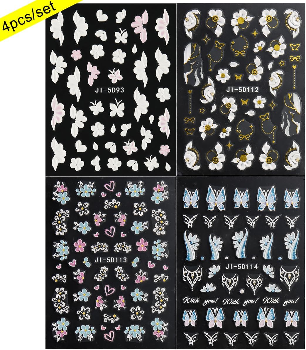 Acrylic Flowers for Nails 4 Sheets 5D Embossed Floral Nail Decals Colorful Flowers Nail Stickers, Gold Strip Lines Swirls French Tip Nail Stickers, Daisy Butterfly Stickers Pegatinas Uñas
