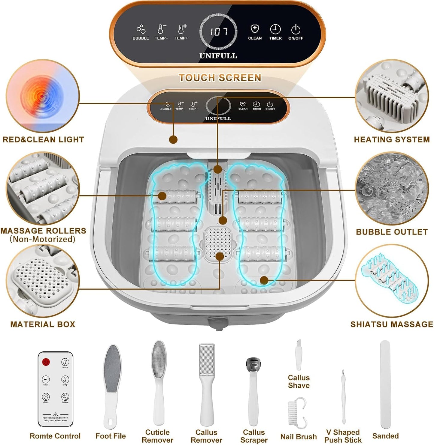 Collapsible Foot Spa Bath with Heat, Touch Screen, Remote Control, Massage Rollers, Timer, Bubble, Foot Pedicure Kit, Temperature Control Pedicure Foot Spa, Foot Bath
