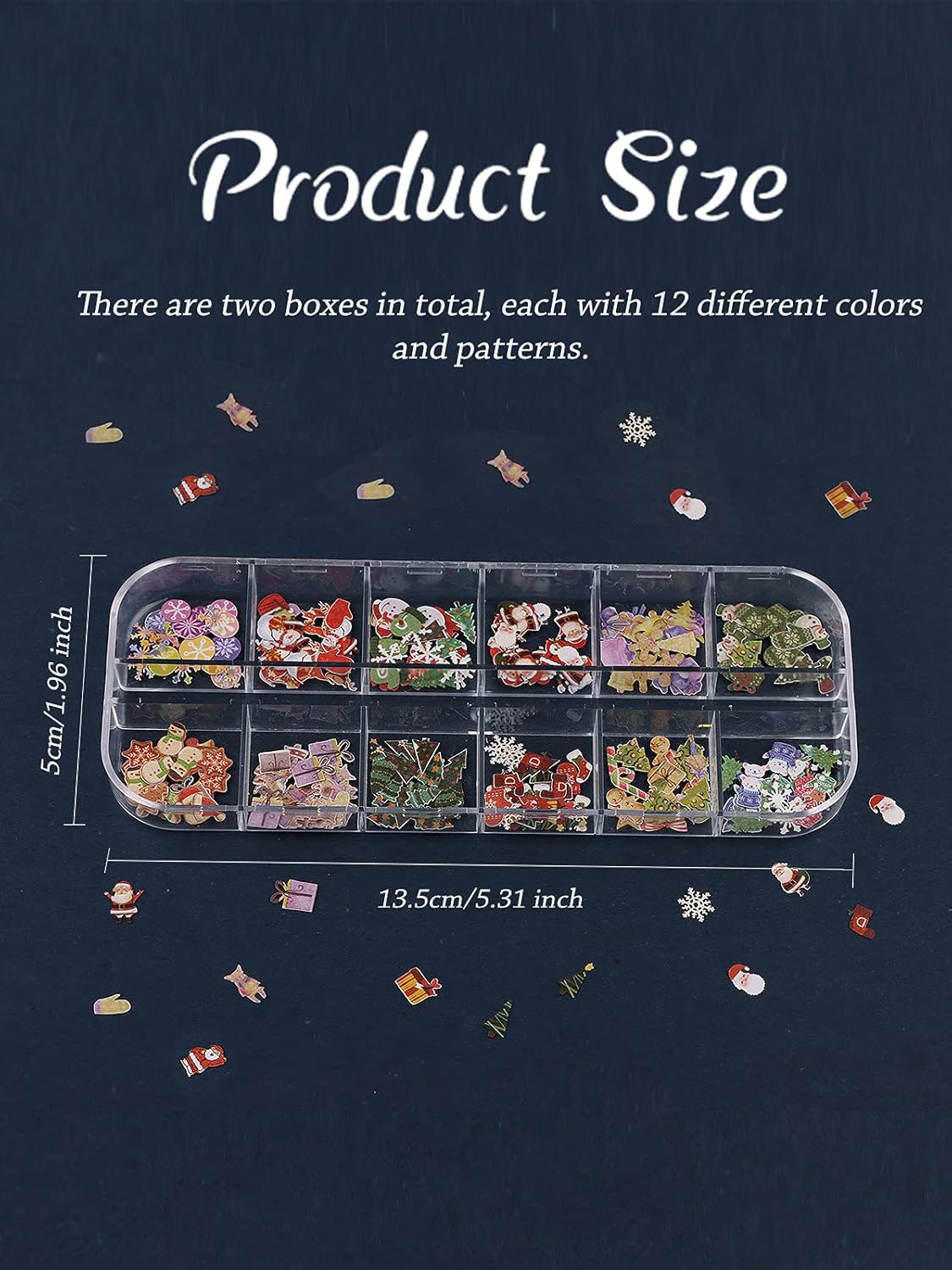 Kalolary 2 Boxes Christmas Nail Art Sequins Sticker, 3D Santa Claus Snowflake Elk Decals for Acrylic Nails, Christmas Tree Wood Pulp Glitter Flakes for Winter Nail Art Decorations