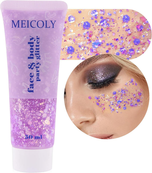 MEICOLY Chameleon Light Purple Body Glitter,Chunky Face Glitter for Halloween,Color Changing Mermaid Face Glitter Gel,Holographic Glitter Sequins for Face Body Hair,Festival Party Cheer Glitter Makeup