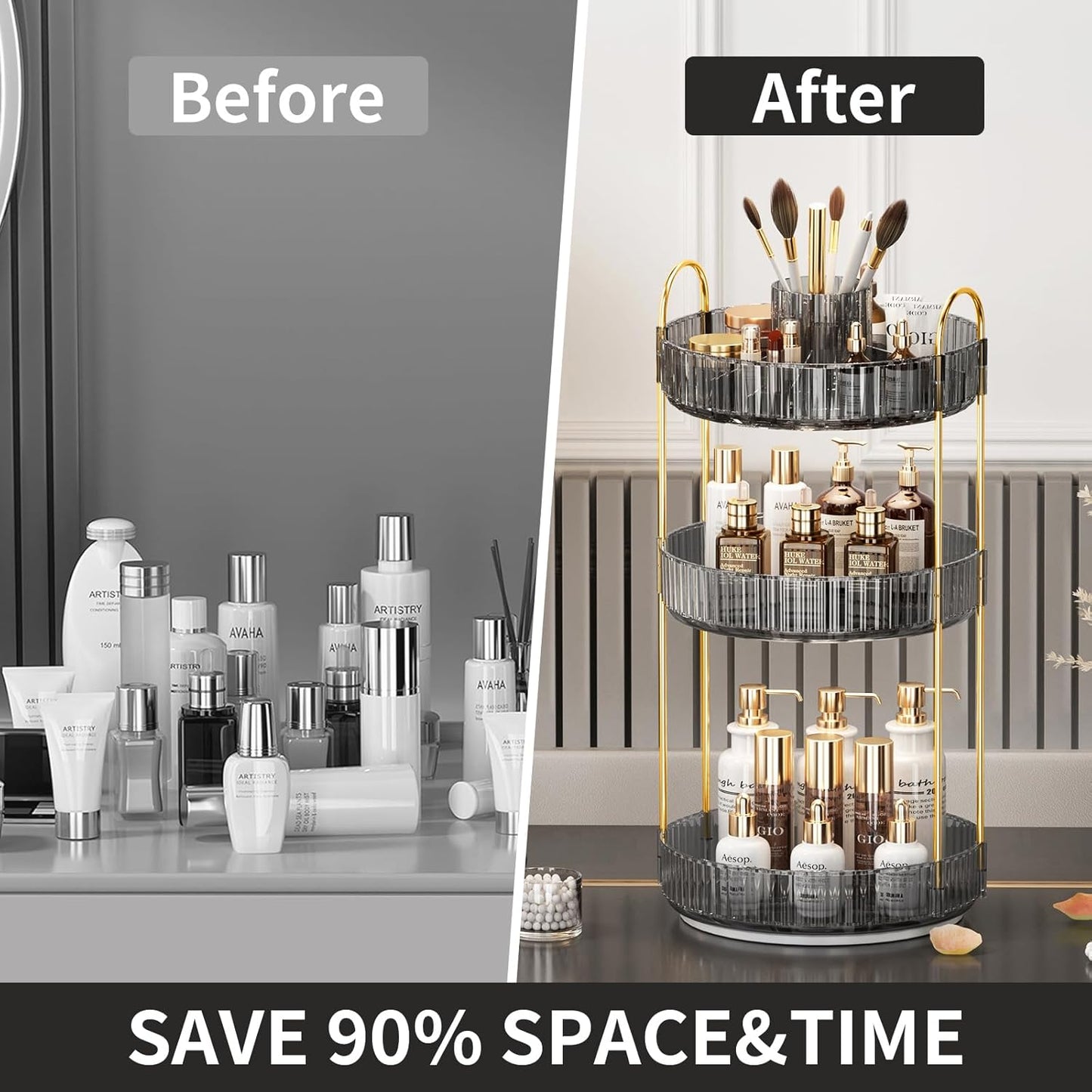 360° Rotating Makeup Organizer, Large-Capacity Skincare Make Up Storage 3 Tier Perfume Organizers Cosmetic Dresser Organizer with Makeup Brush Holder, Fits Bedroom, Bathroom, Vanity Shelf Countertop