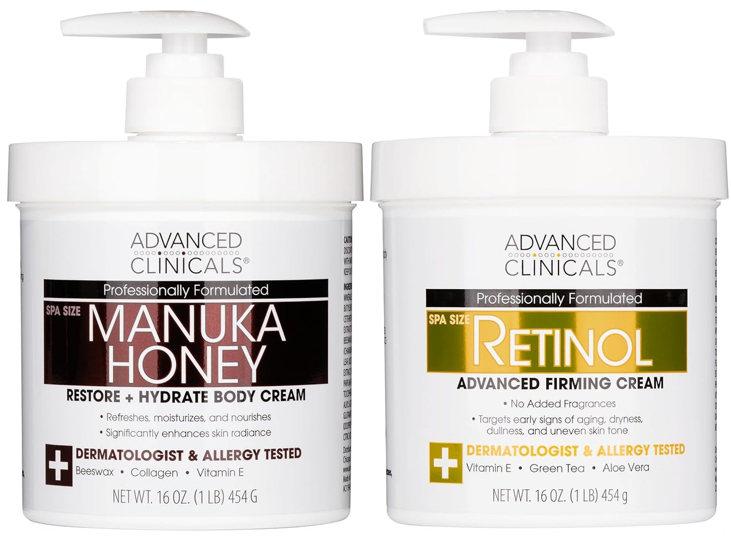 Advanced Clinicals Unscented Retinol Body Lotion & Face Moisturizer + Manuka Honey Body Cream For Women & Men | 2PC Skincare Set Helps Reduce Appearance Of Crepey Skin + Extremely Dry Skin, 2pc Set