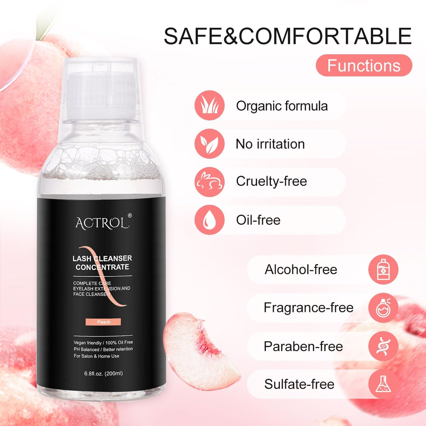 Eyelash Cleanser Concentrate 200ml Peach Professional Lash Shampoo Foaming Cleanser Paraben & Sulfate Free Non-lrritating Wash for Extensions Lashes with Salon Home Care-Makes 40 Bottles