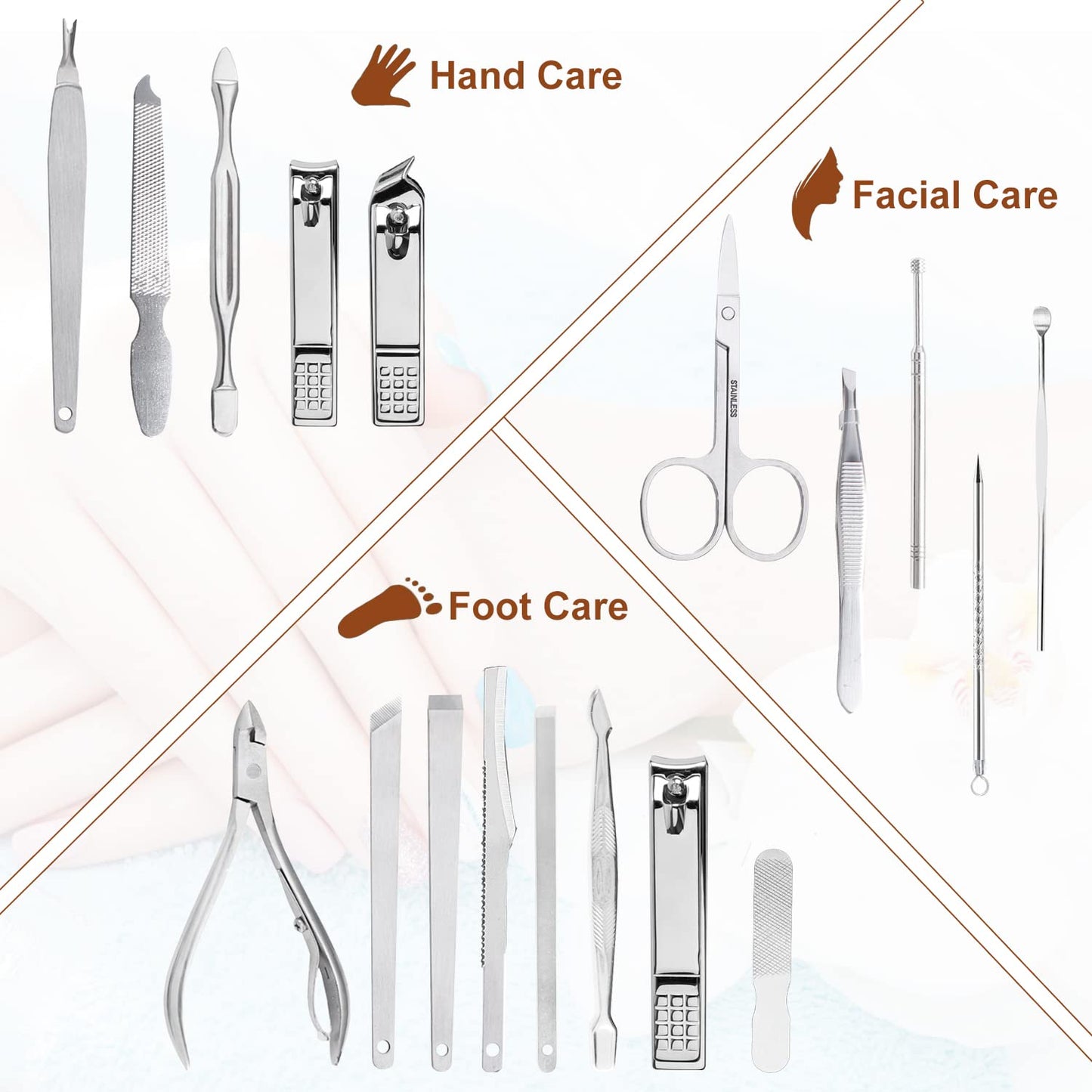 Nail Clippers Set 18 Pieces Stainless Steel Manicure Kit, Professional Grooming Kits, Nail Care Tools with Luxurious Travel Case