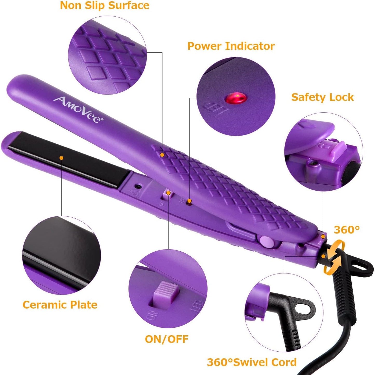 AmoVee Mini Flat Iron, 0.7 Inch Mini Hair Straightener, Small Flat Iron for Short Hair,Curls Bangs, Dual Voltage Travel Hair Straightener（Purple）
