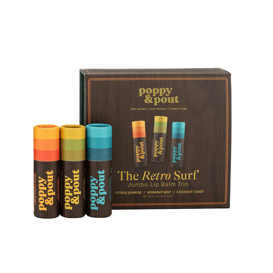 Jumbo Lip Balm Gift Set (3-Pack, Retro Surf) | Poppy & Pout All Natural Lip Balms & Moisturizers | Hydrates with Beeswax, Vitamin E, Organic Coconut Oil | Cruelty-Free | Recyclable Cardboard Tube