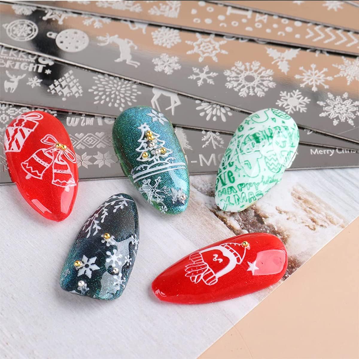 6Pcs Christmas Nail Stamp Template Kit 1 Silicone Stamper 1 Scraper Winter Snowflakes Nail Art Stamping Plates Xmas Snow Deer Bells Pine Tree Nail Stamping Image Stamp for Women Nail Art Supplies