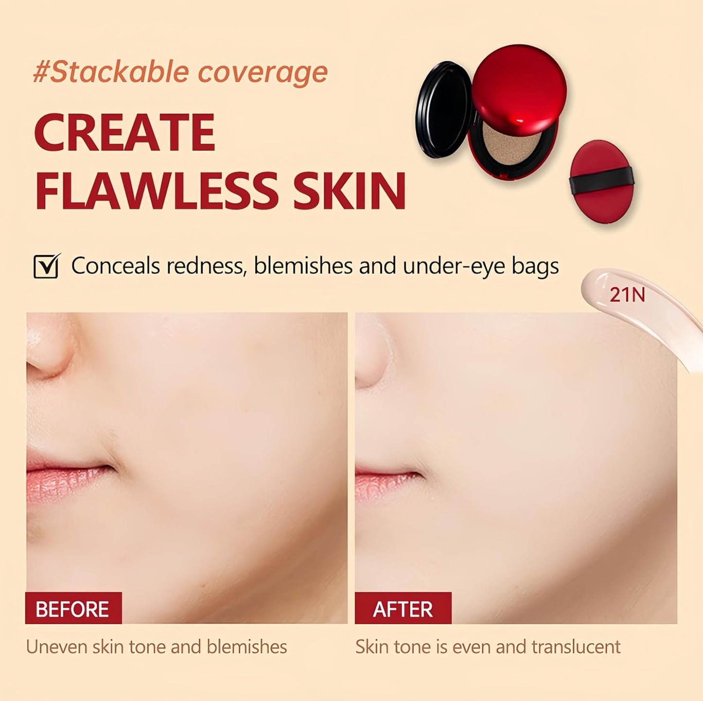 MAEPEOR Cushion Foundation 9 Colors Full Coverage Weightless Satin Glow Foundation Hydrating Long-Lasting Cushion BB Cream (Color 05)