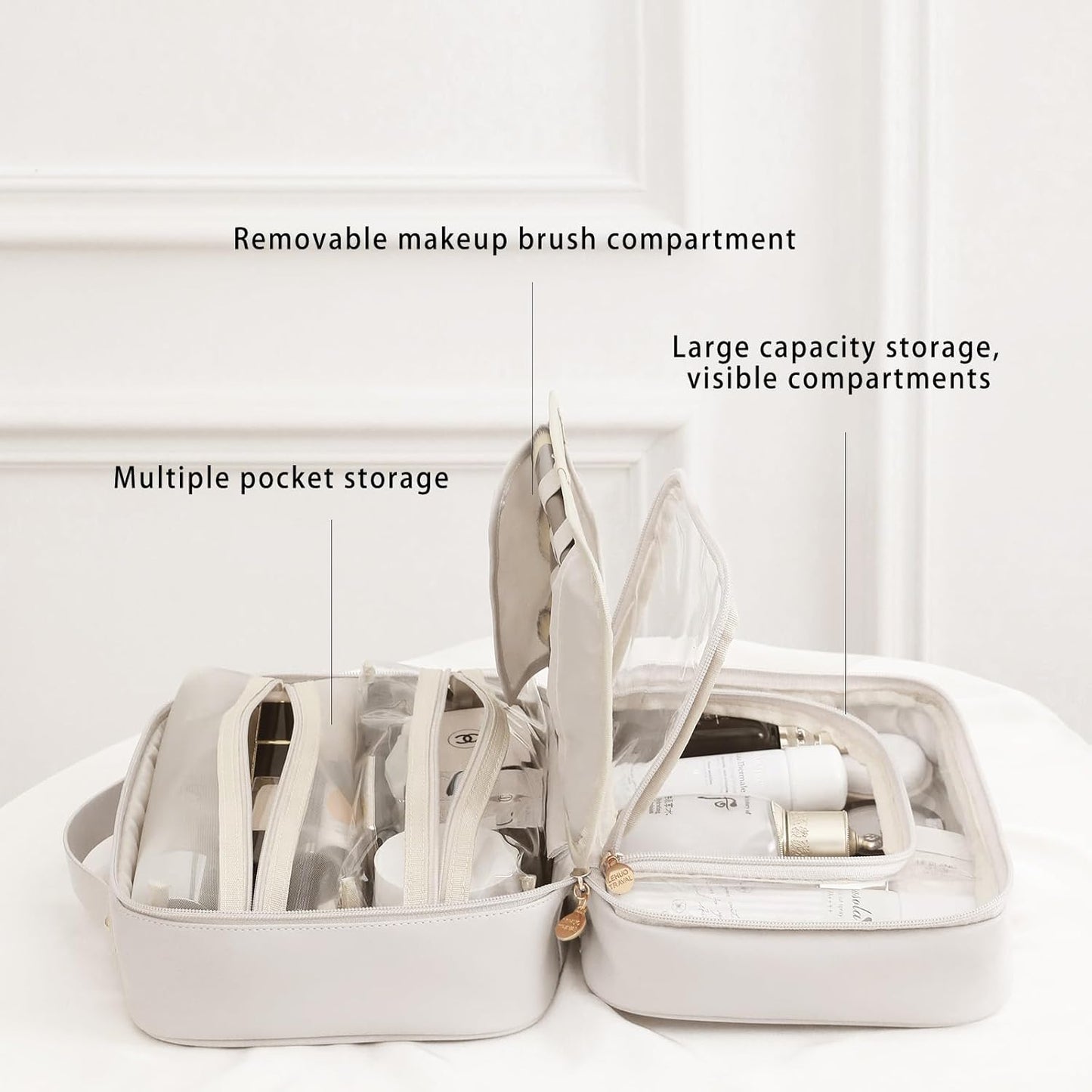 RIGHT AWAY Travel Toiletry Bag for Women,Large Makeup Bag& Cases,Waterproof Cosmetic Organizer Bag with Compartments,Portable Make Up Bag for Travel Size Toiletries,Skincare,Brushes Set,White