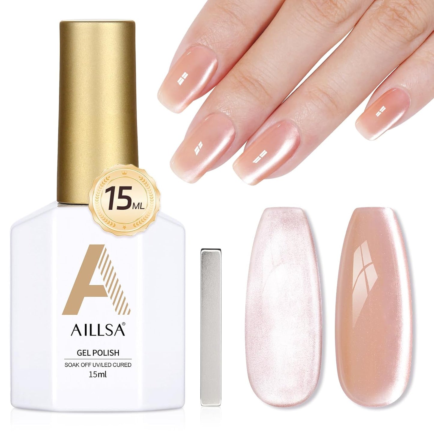 AILLSA Glass Cat Eye Gel Nail Polish, 15ml Nude Glitter Jelly Sheer Gel Polish, Translucent Magnetic Shimmer Sparkle Nail Art U V Salon 0.5 OZ GF39