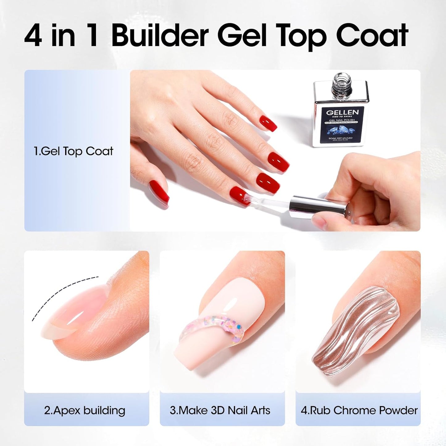 GELLEN 4 in 1 Builder Gel & Top Coat in a Bottle, 20ml Upgraded Formula Nail Gel for Nail Apex, Glossy Top Coat, 3D Nail Arts & Chrome Nails, Home Salon Manicure Gift for Women Girls