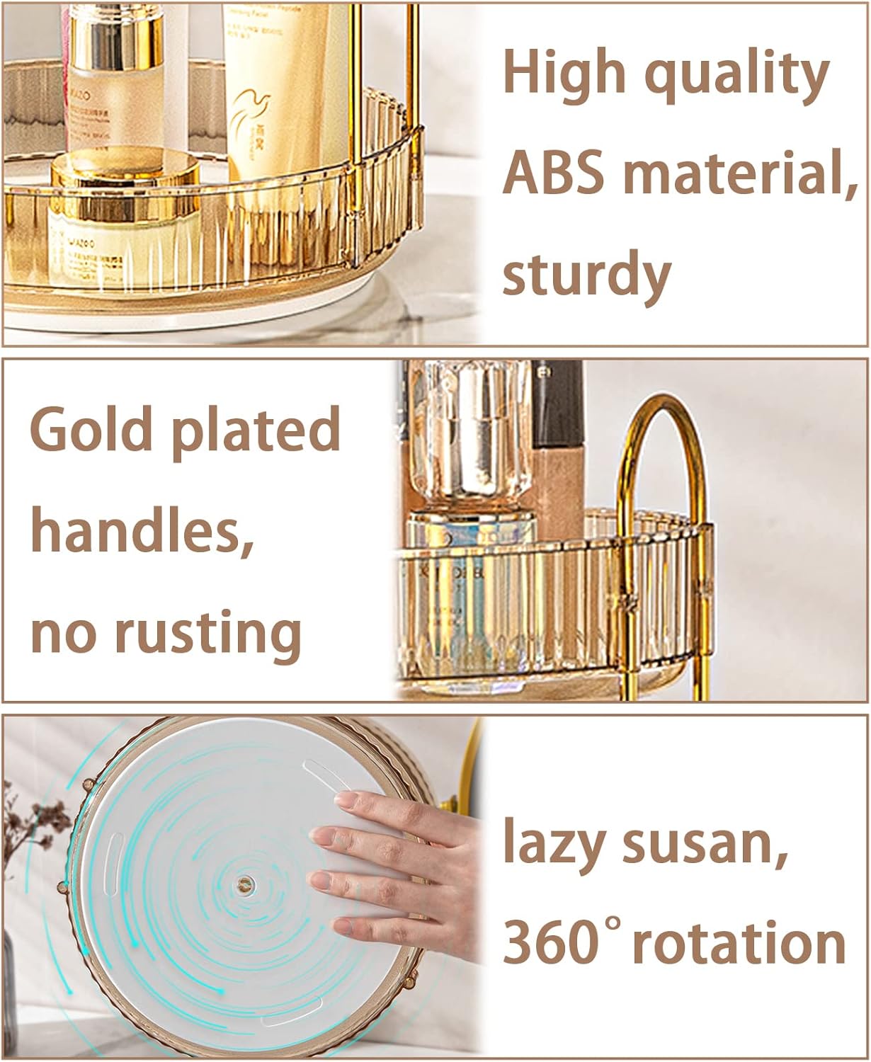 Rotating Makeup Organizer for Vanity, High-Capacity Skincare Clear Make Up Storage Perfume Organizers Cosmetic Dresser Organizer Countertop 360 Spinning (Gold, 3 Tier)