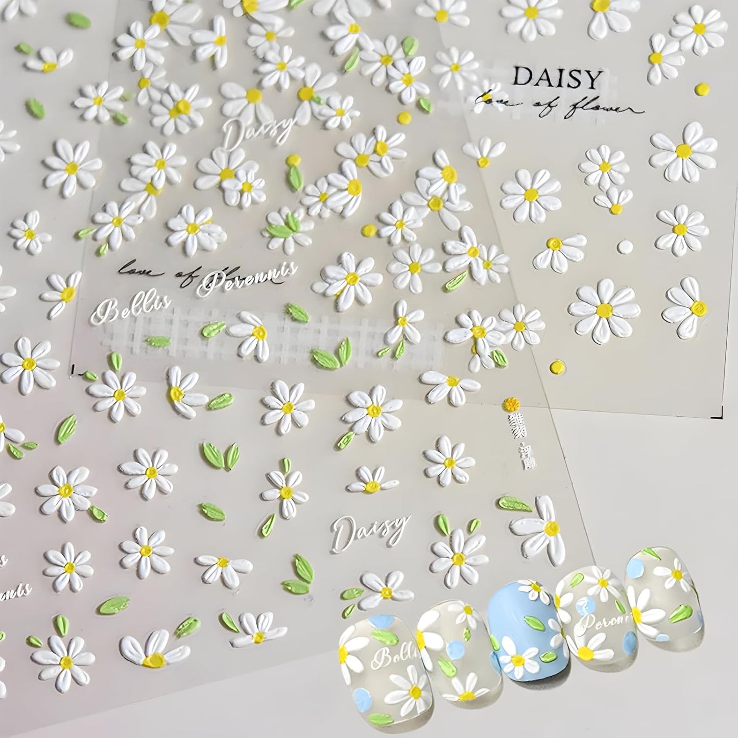Flower Nail Art Stickers 5D Embossed Self Adhesive Spring Summer Nail Stickers for Nail Art Cute White Daisy Nail Decals Flower Nail Design Decoration Accessories for Women and Girls