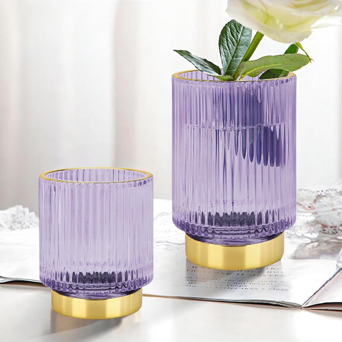 DASITON Makeup Brush holder Organizer,Crystal Cosmetic Makeup Brush Glass Brushes Storage Holder, Vintage Make Up Brush Cup Pen Pencil Holder striped vase(Purple S+L)