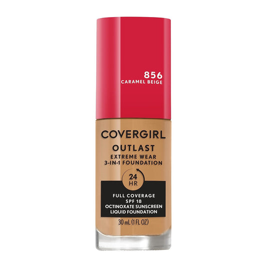 Covergirl Outlast Extreme Wear 3-in-1 Full Coverage Liquid Foundation, SPF 18 Sunscreen, Caramel Beige, 1 Fl. Oz.
