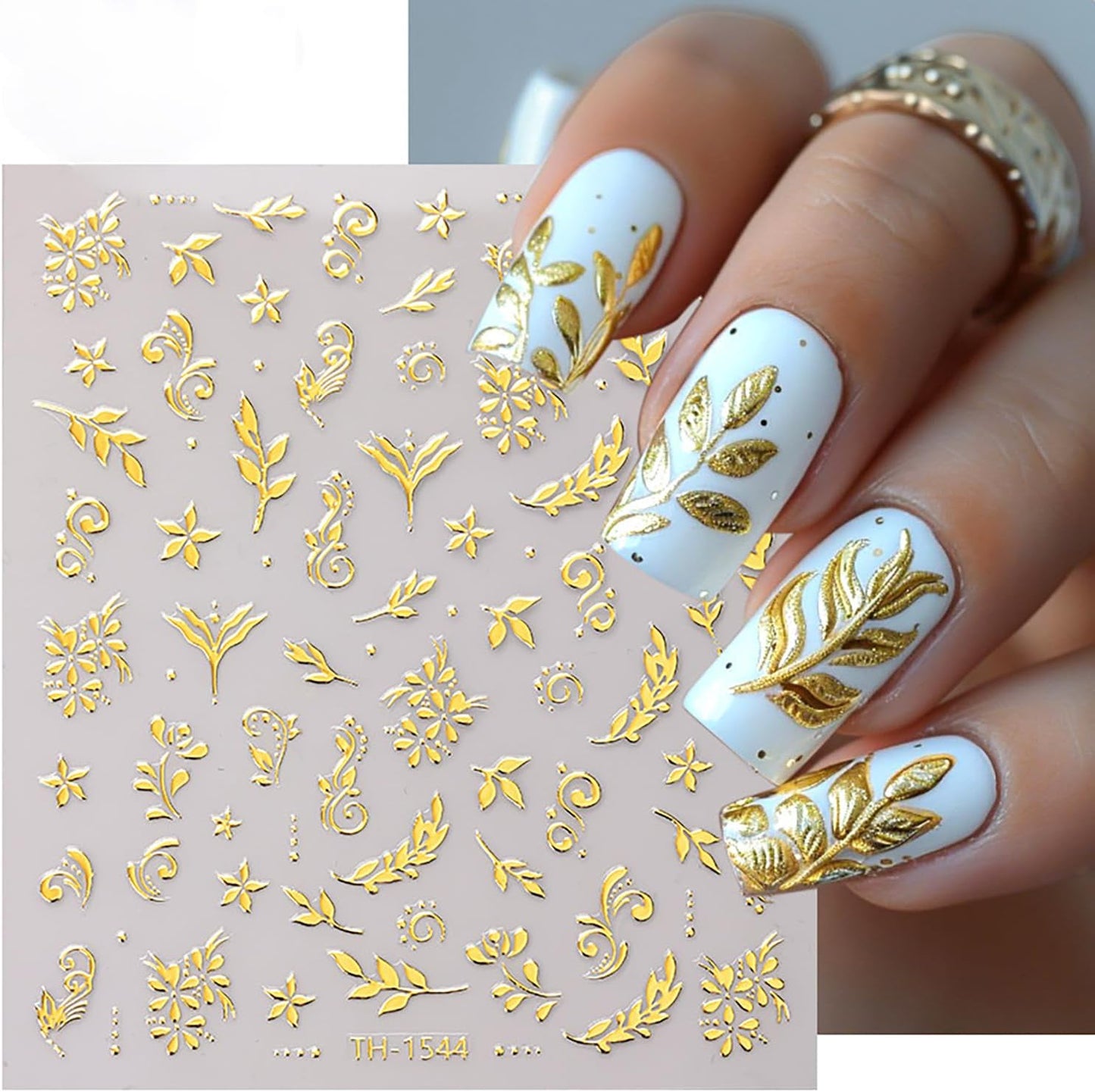 6Sheets Gold Nail Art Stickers 3D Self-Adhesive Nails Sticker Flower Nail Art Decals Holographic Golden Floral Leaves Nails Decal Decoration for Women Blossom Manicure Tip DIY Nail Sticker Supplies