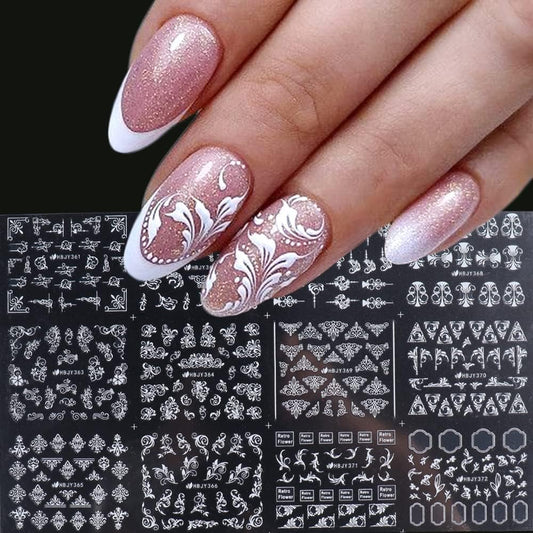 Flowers Nail Art Stickers Decal ,White Flowers Nail Stickers Nail Art Supplies 3D Retro Lace Flower Leaf Vine Geometric Self Adhesive Floral Nail Decals Wedding Nail Designs for Women Manicure Decorations(361-372 White)