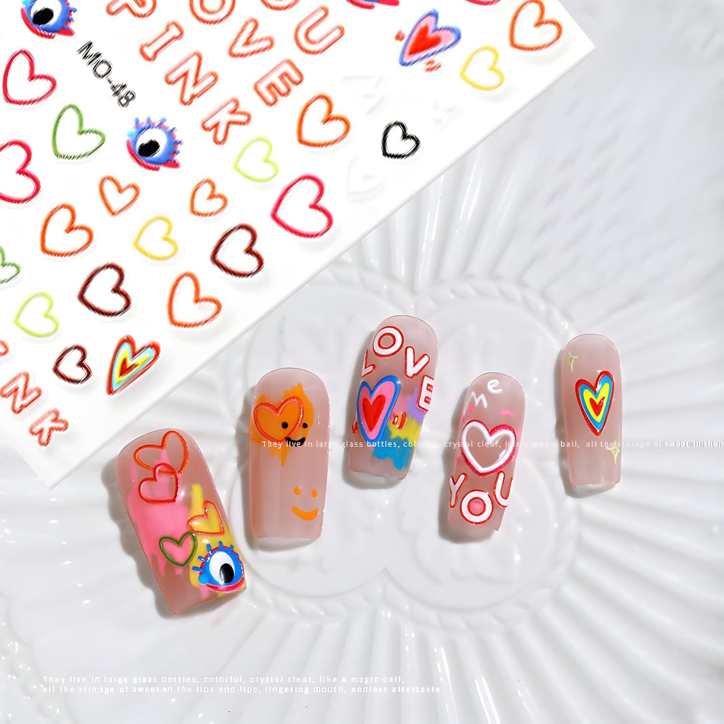 3 Sheets Valentine's Nail Stickers - 5D Embossed Heart Nail Decals for Valentine's Day - Cute Colorful Heart Design for Women & Girls