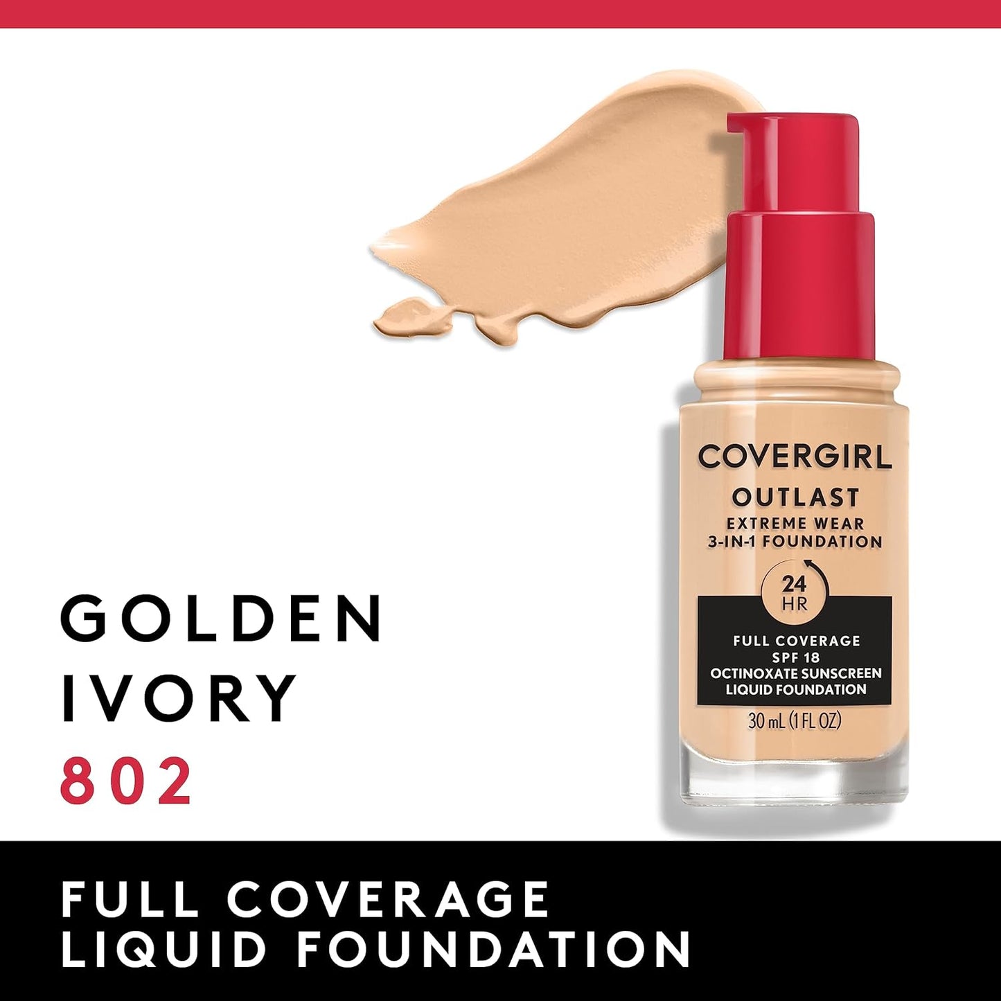 Covergirl Outlast Extreme Wear 3-in-1 Full Coverage Liquid Foundation, SPF 18 Sunscreen, Golden Ivory, 1 Fl. Oz. (Pack of 2)