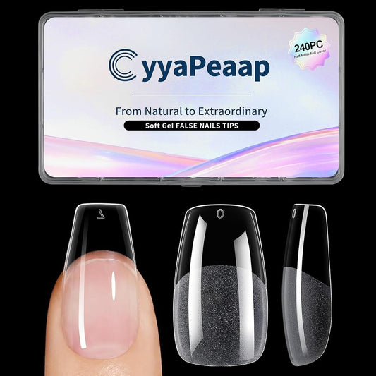 Coffin Nail Tips Medium Coffin Soft Gel Nail Tips 240Pcs Acrylic Full Cover Pre-Shape Nails Tips Half Matte Clear Press on Nails for Nail Extension Manicure Home DIY Salon 12 Sizes Gelly False Nails