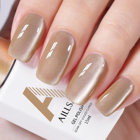 AILLSA Glass Cat Eye Gel Nail Polish, Champagne Glitter Jelly Nude Nail Polish Magnetic Gold Shimmer Sparkle Nail Art U V Gel Salon 0.5 OZ