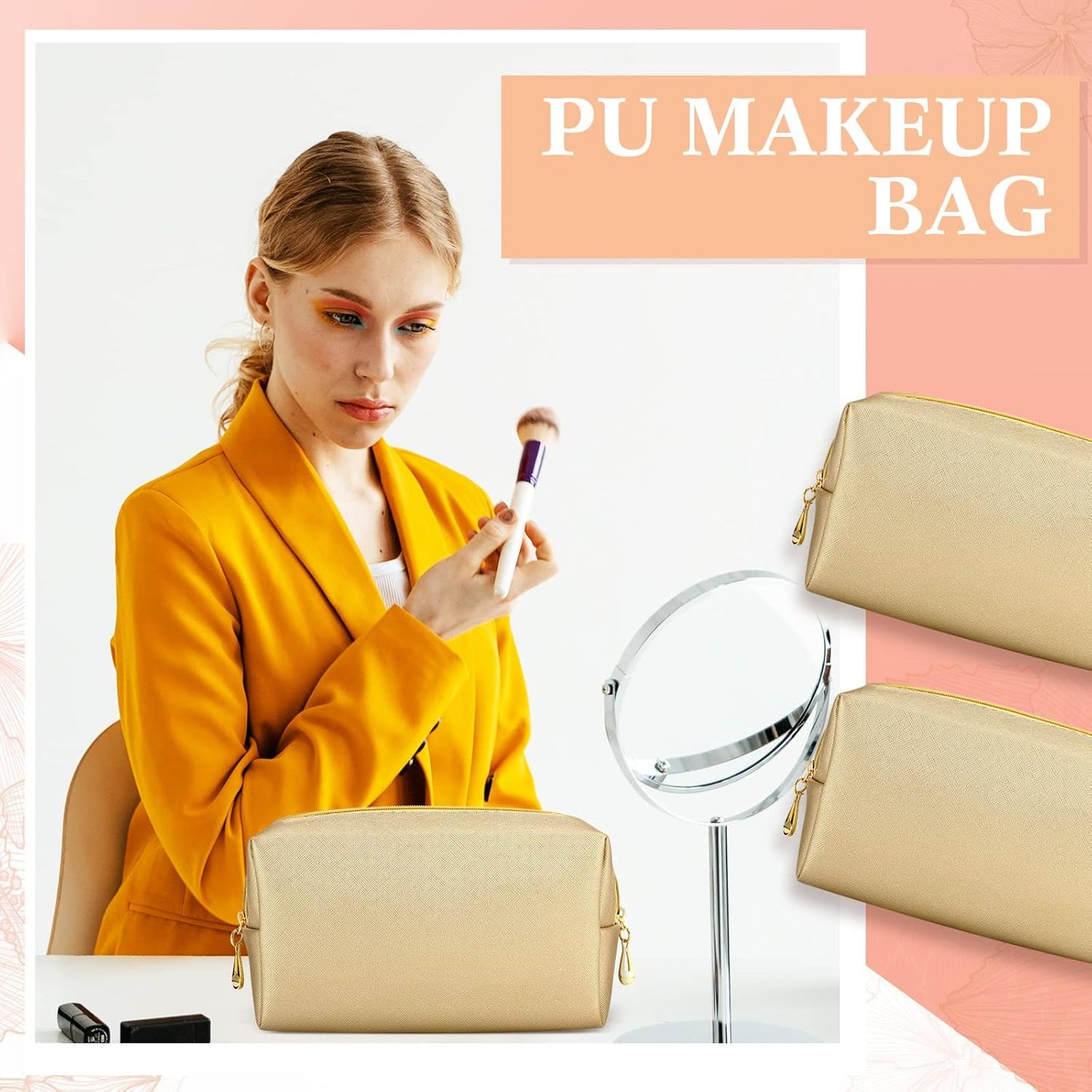 Kigeli 15 Pcs Aesthetic Makeup Bags PU Leather Cosmetic Pouches Waterproof Plain Toiletry Bags Makeup Pouches Bulk for Women Party Gift Travel Storage Organizer(Champaign Gold)