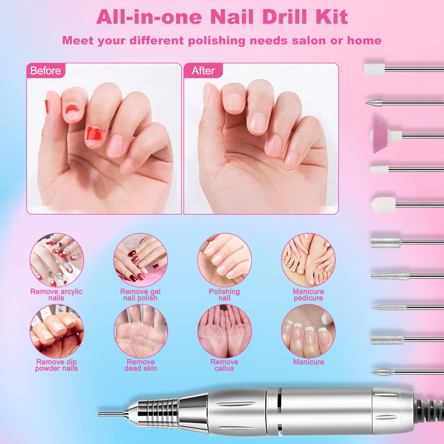 Nail Drill Machine，Professional Electric Nail File Set 35000RPM Nail File Drill Acrylic Nails Kit for Manicure Gel Nail Polish Remover (Pink)