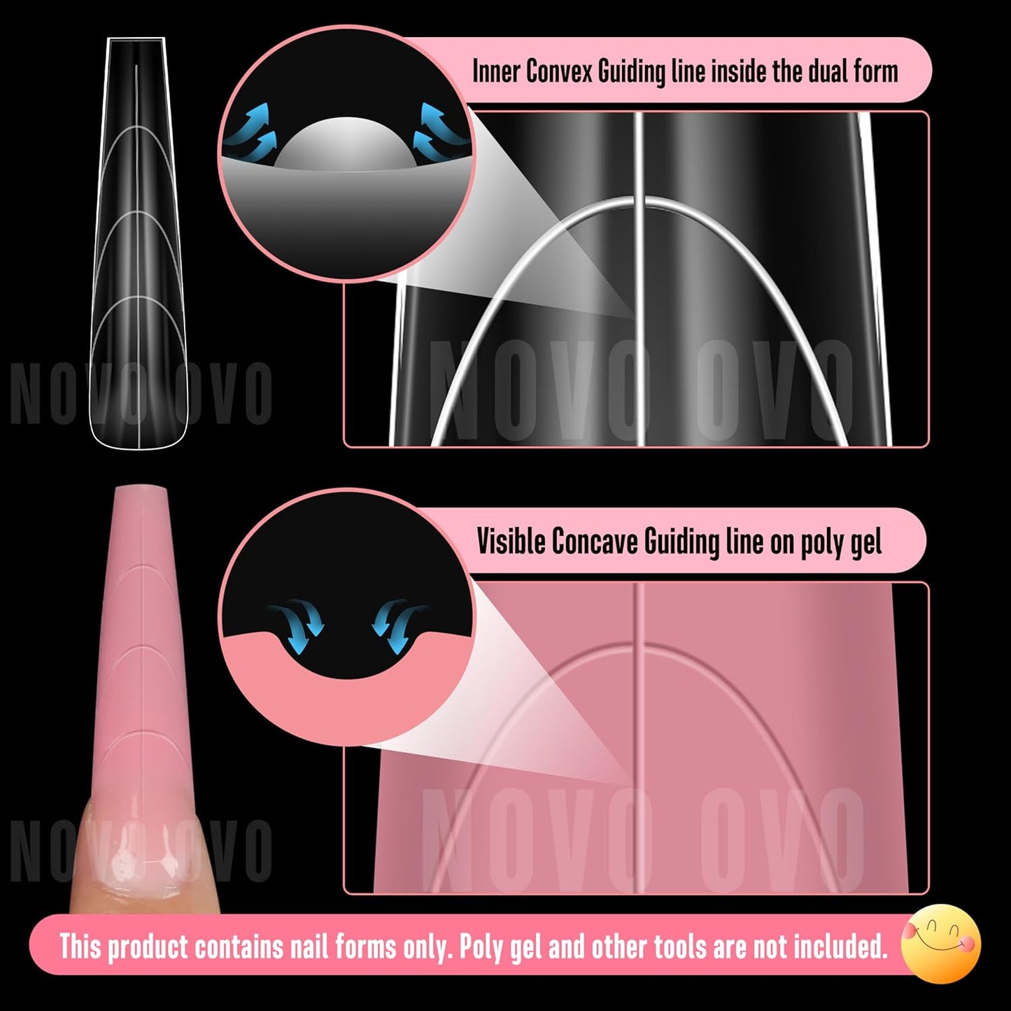 Tapered Square (Natural not Sculpted) Nail Dual Forms for Poly Gel Extension with Guiding Line Inside, XL XXL Reusable Full Cover Acrylic Builder Hard Gel Polygel Molds x 15 sizes 150 Pcs