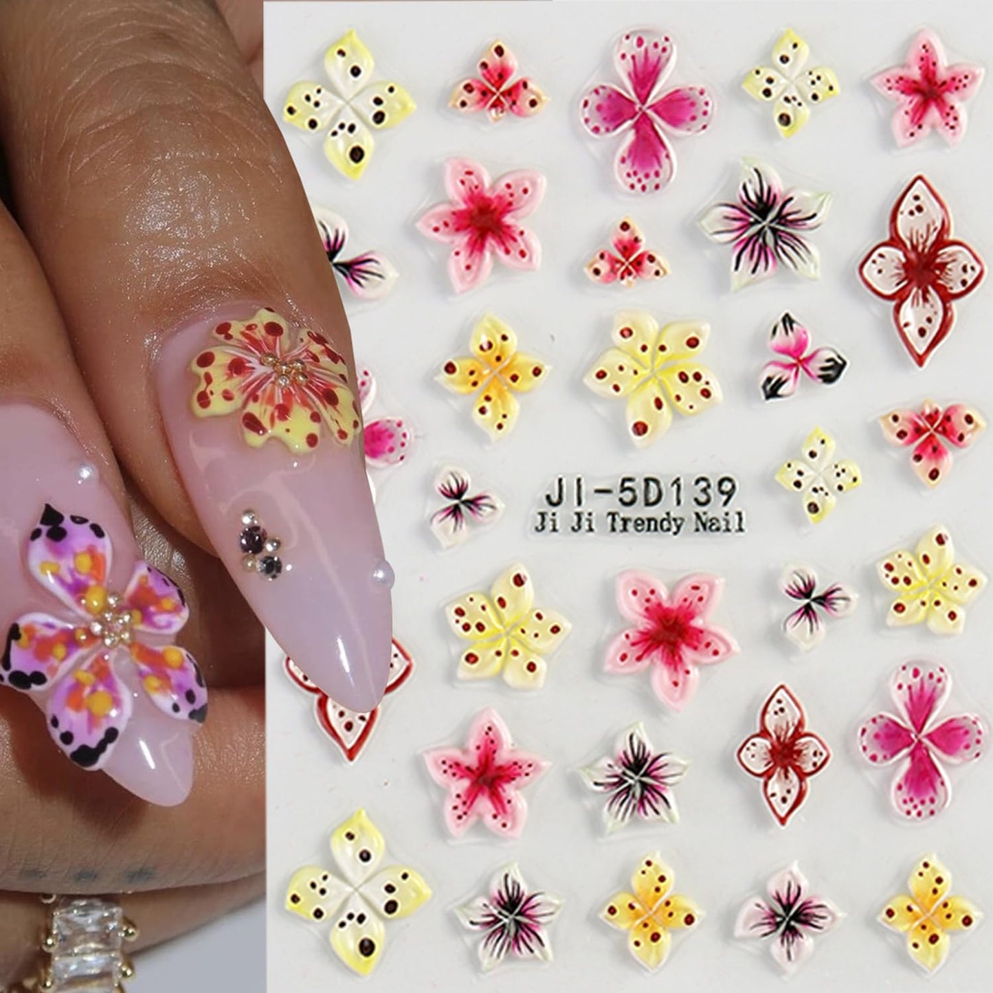 Colorful Flower Nails Art Stickers 5D Self-Adhesive Embossed Nails Stickers Hibiscus Flower Design Tropical Floral Nails Decal Supplies Women DIY Nail Art Decoration 3 Sheets