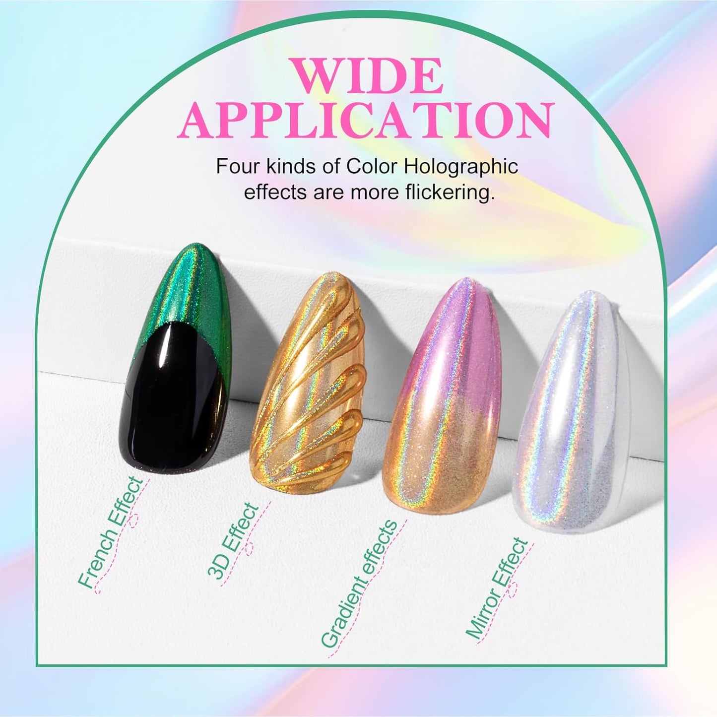 NXJ INFILILA Holographic Chrome Nail Powder, 4 Colors Gold, Silver, Pink, Green Rainbow Unicorn Iridescent Glitter Pigment Dust for Nail Art Design Professional Salon & Home Use